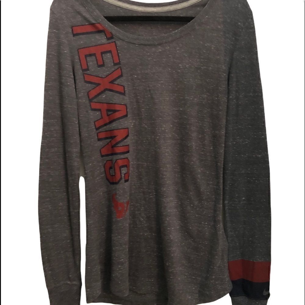 Nike NFL Womens long sleeve Texans tee. Gray with red Texans down front